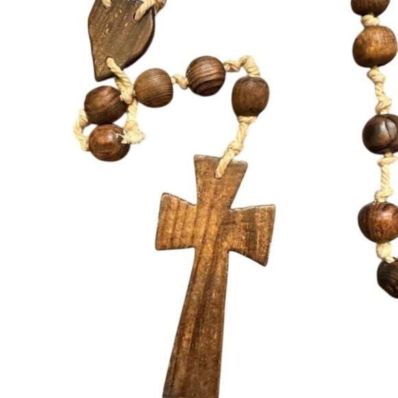Handcrafted Wooden Rosary Necklace With Cross & Heart Pendants Natural Wood Bead - Picture 5 of 7